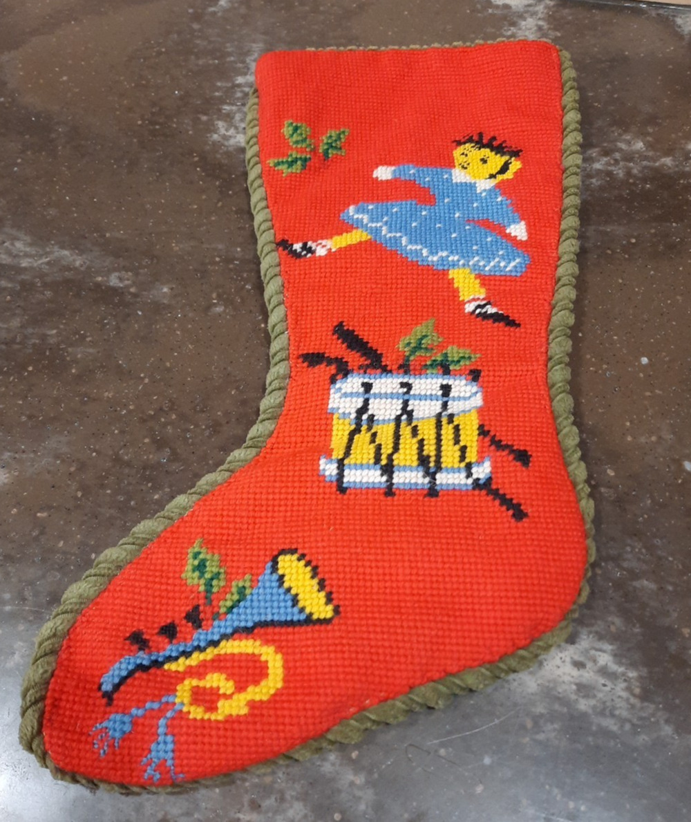 Handmade Needlepoint Christmas Stocking Girl Drum Horn Music Theme 18” Vintage